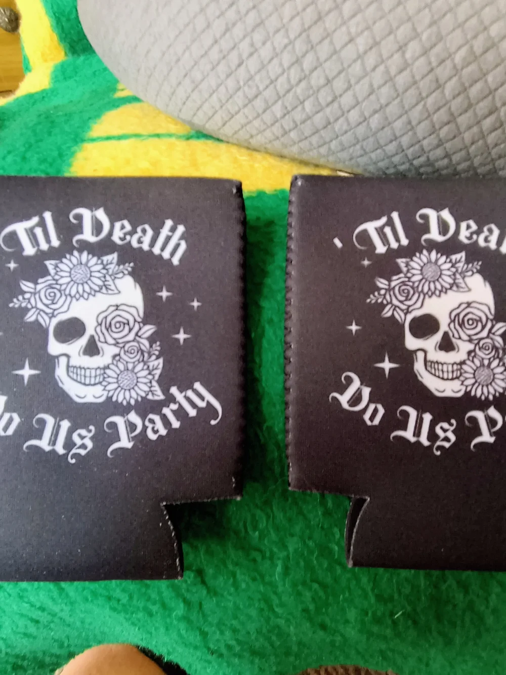 Black 'Til Death Do Us Party' Skull Can Cooler - Soda Or Beer Cans Set Of Two